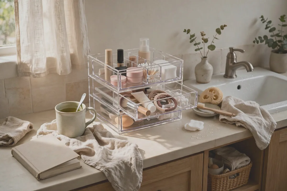 Clear acrylic drawer organizer holding lipsticks and cosmetics in a bathroom