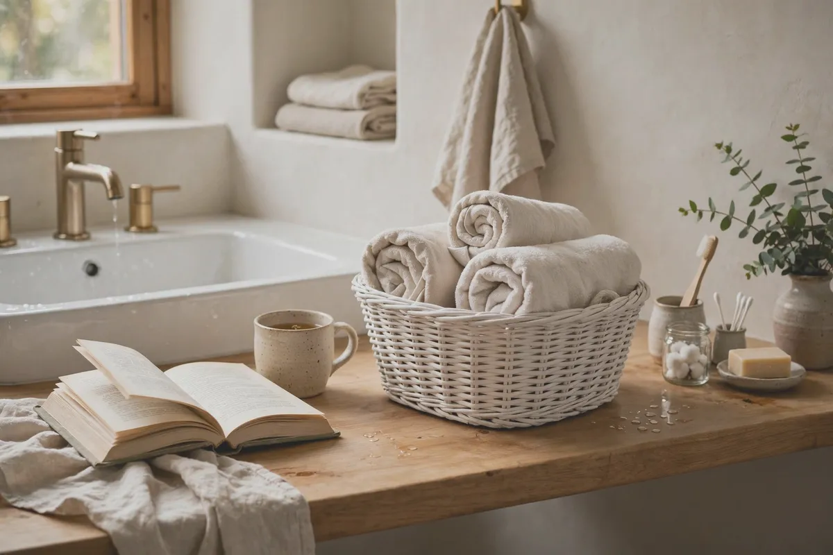 White woven basket filled with neatly rolled towels in a small bathroom