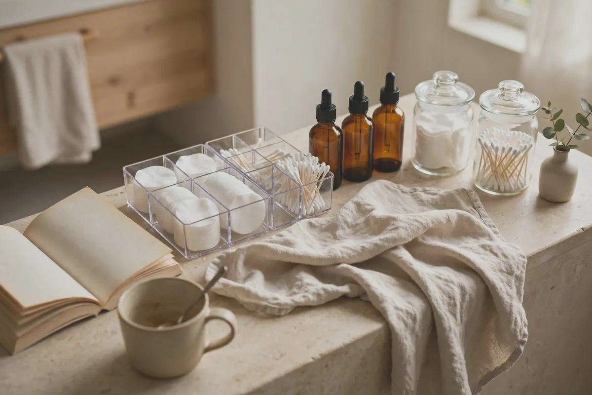 Plain glass jars and amber dropper bottles with no labels arranged on a bathroom counter