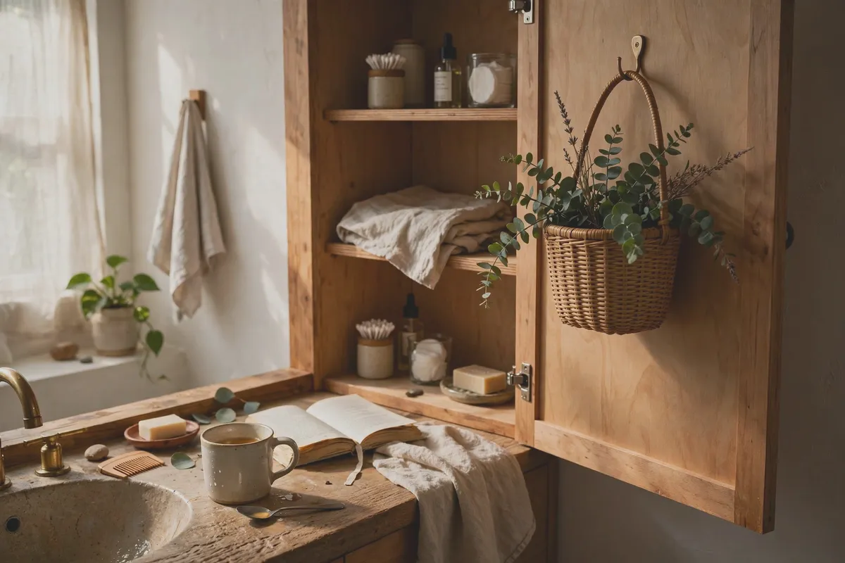 Wire basket hooked over the inside of a bathroom cabinet door holding toiletries