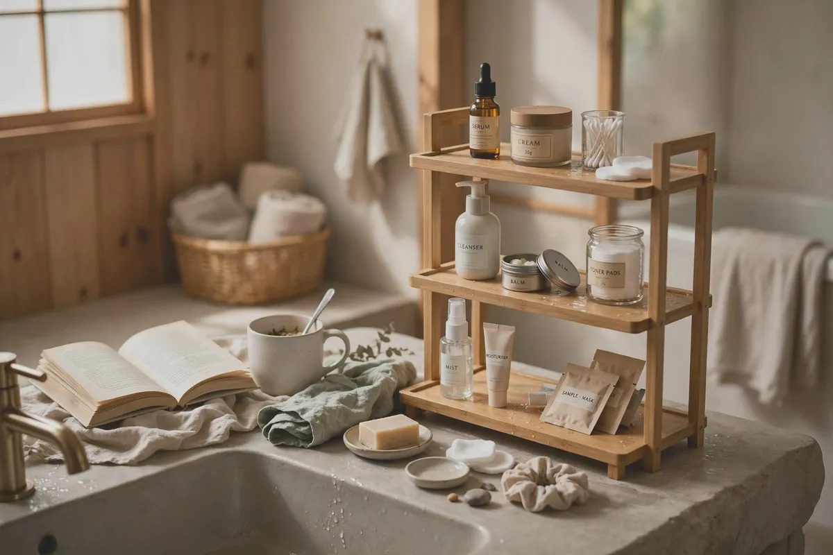 Tiered shelf organizer in a bathroom holding serums and skincare bottles