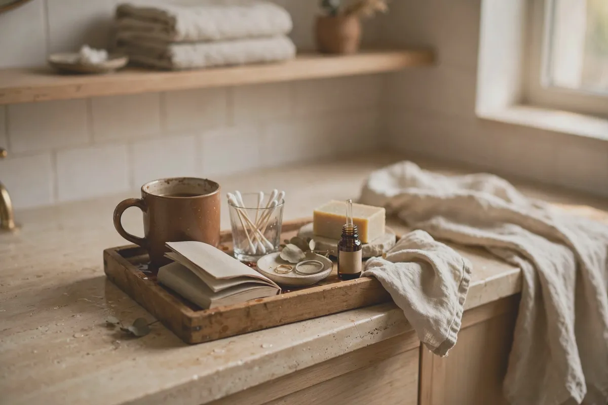 Small tray on a bathroom counter grouping toothbrush, soap and daily items