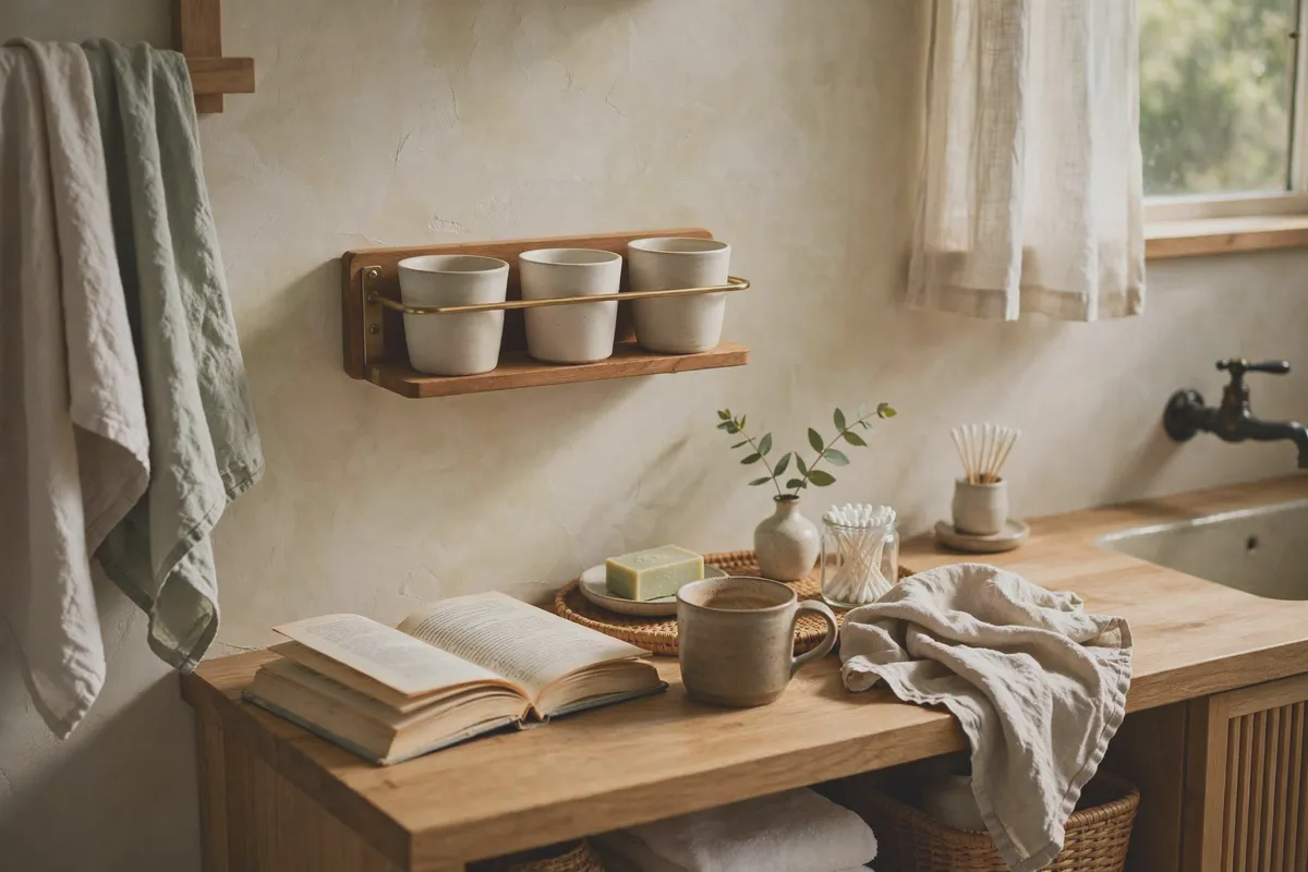 Wall-mounted toothbrush holder with rinse cups in a tidy bright bathroom