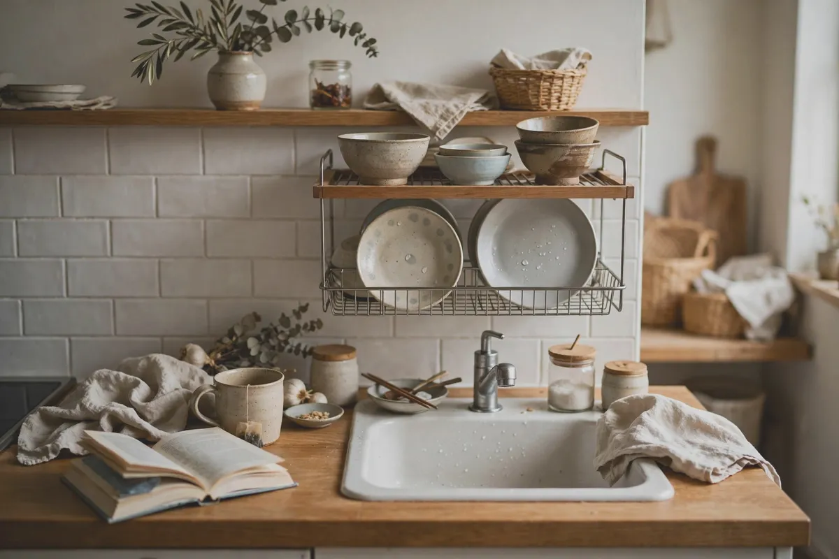 Over-sink rack holding bowls and plates above a tiny kitchen sink