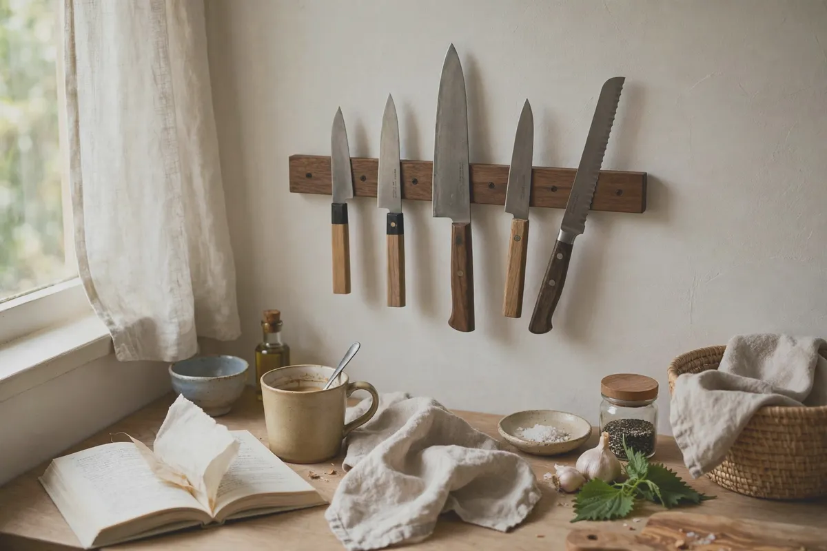 Magnetic knife strip mounted on a kitchen wall holding knives