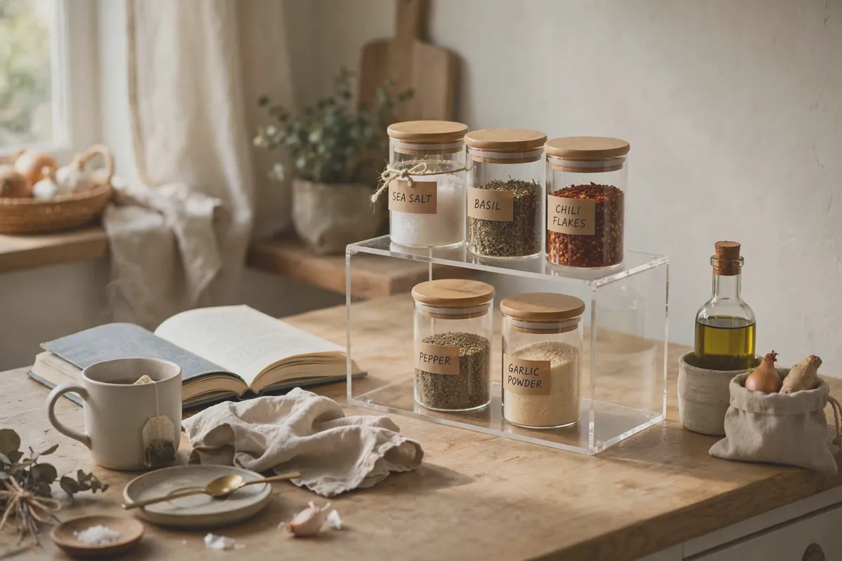 Stackable shelf riser holding spice jars in two visible rows