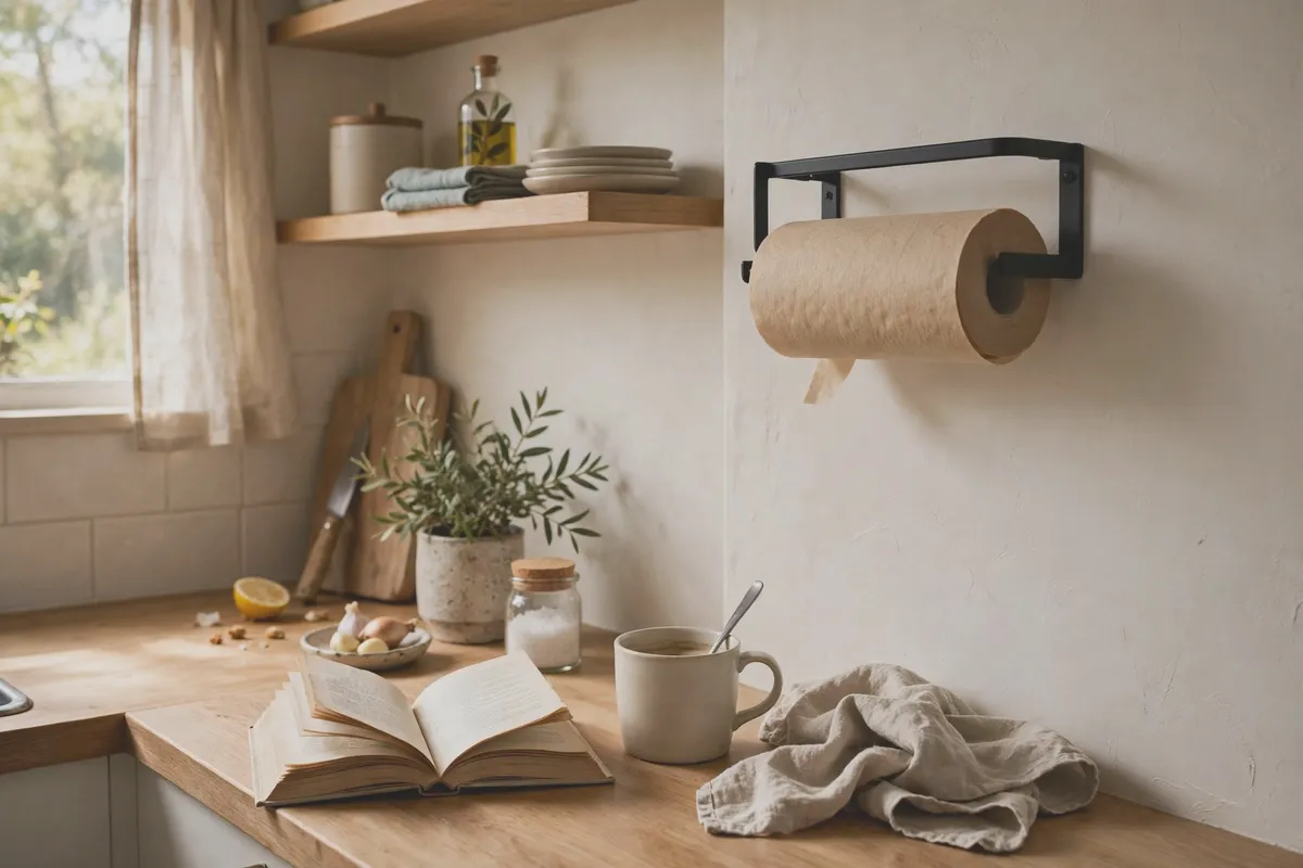 Wall-mounted paper towel holder freeing up kitchen counter space