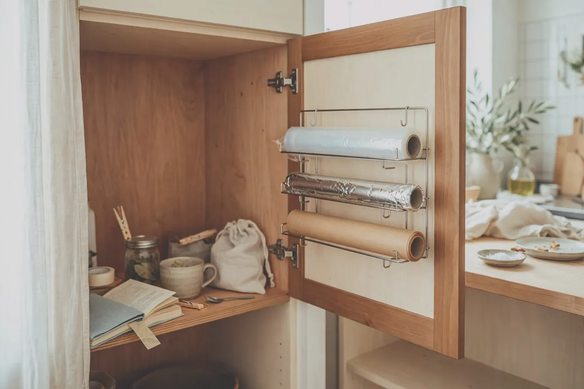 Slim rack inside a cabinet door holding plastic wrap and foil