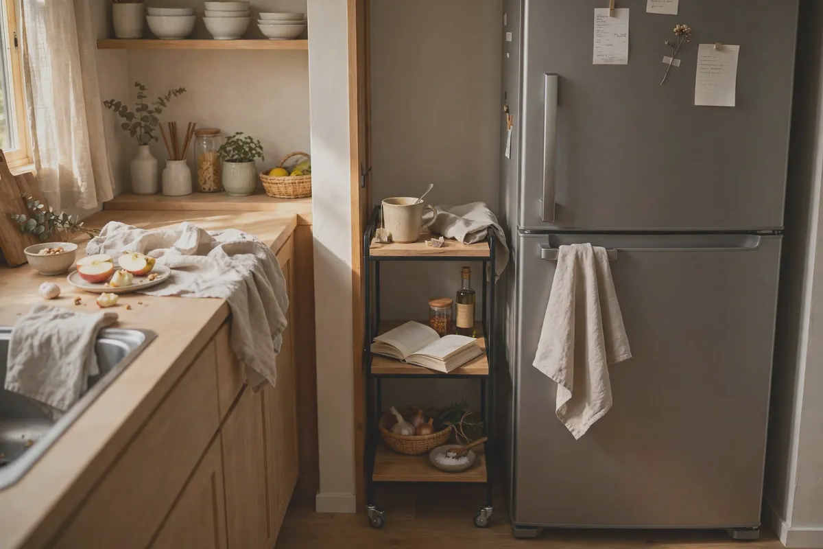 Slim rolling cart tucked into the narrow gap beside a refrigerator