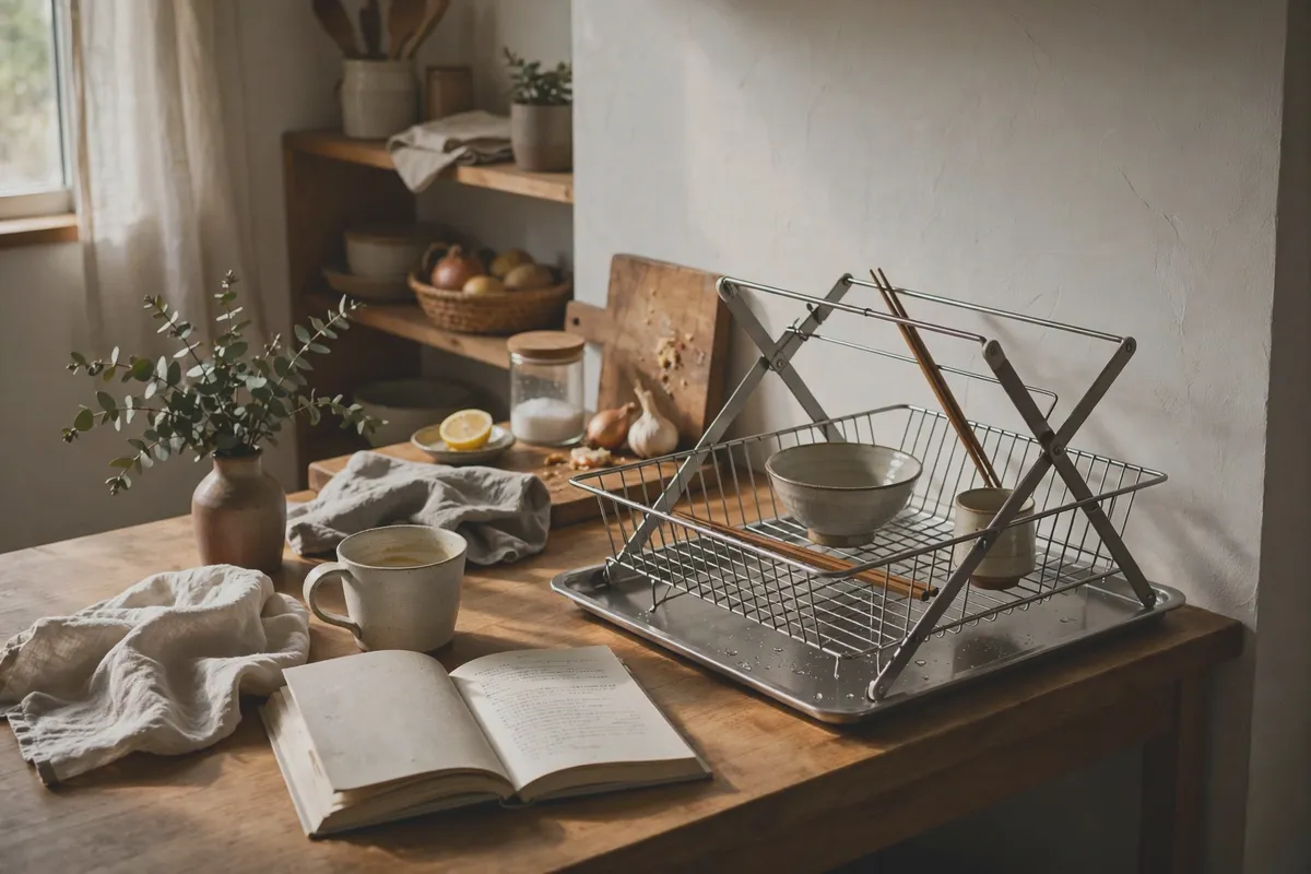 Foldable dish drying rack collapsed flat beside the counter