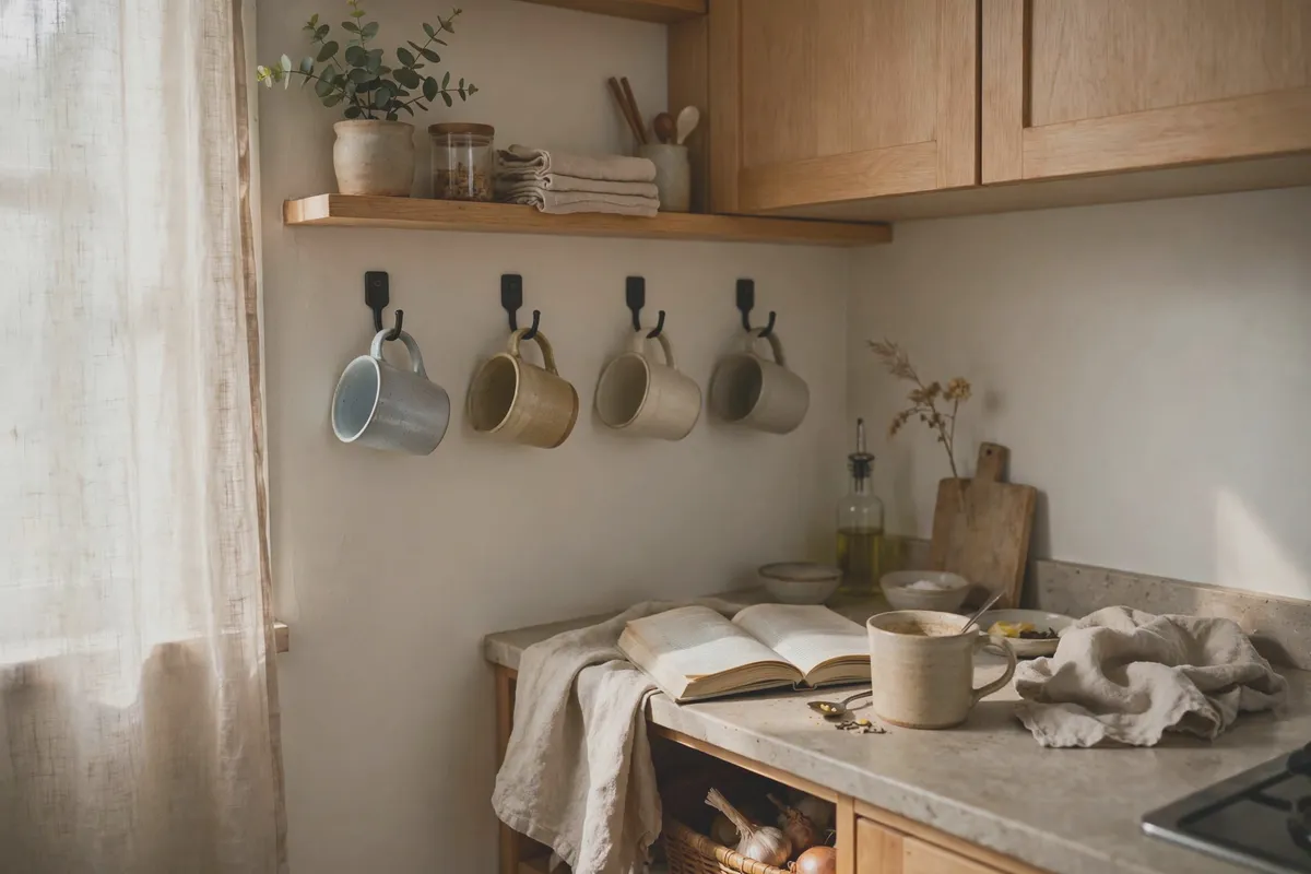 Wall hooks holding mugs above a coffee station, freeing cabinet space