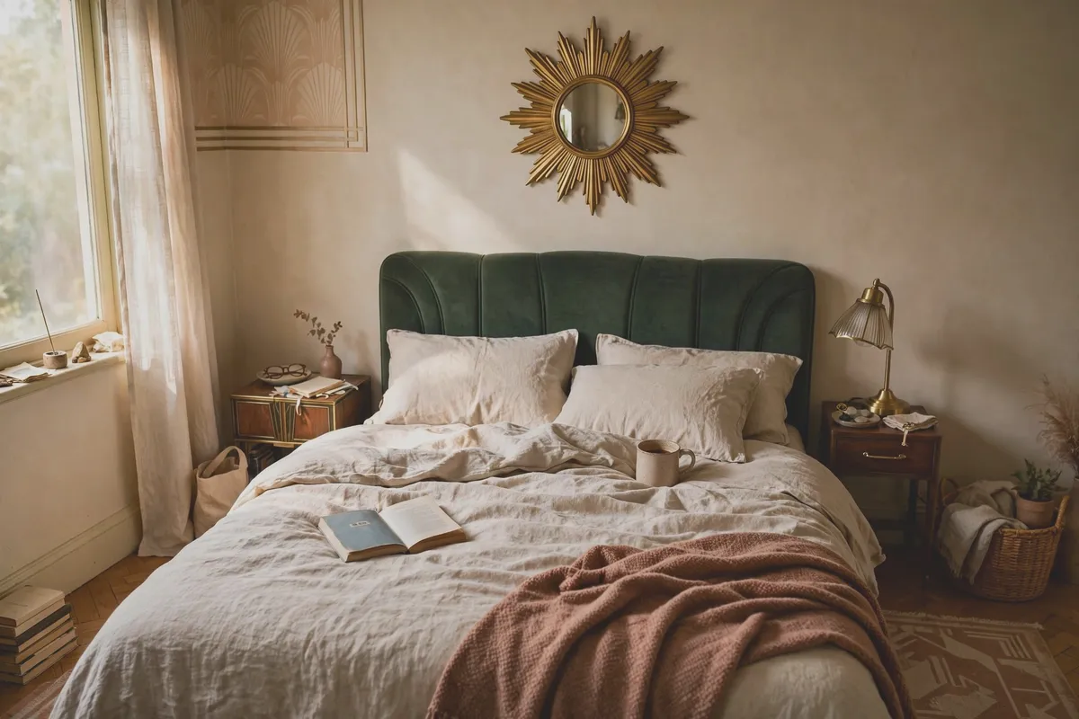 Sunburst mirror hung on the wall above the bed in a small bedroom