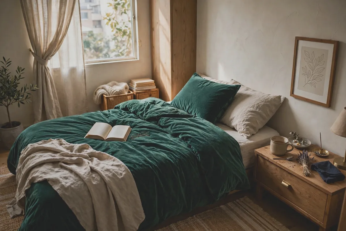 Bed dressed in emerald green velvet bedding in a small glamorous bedroom