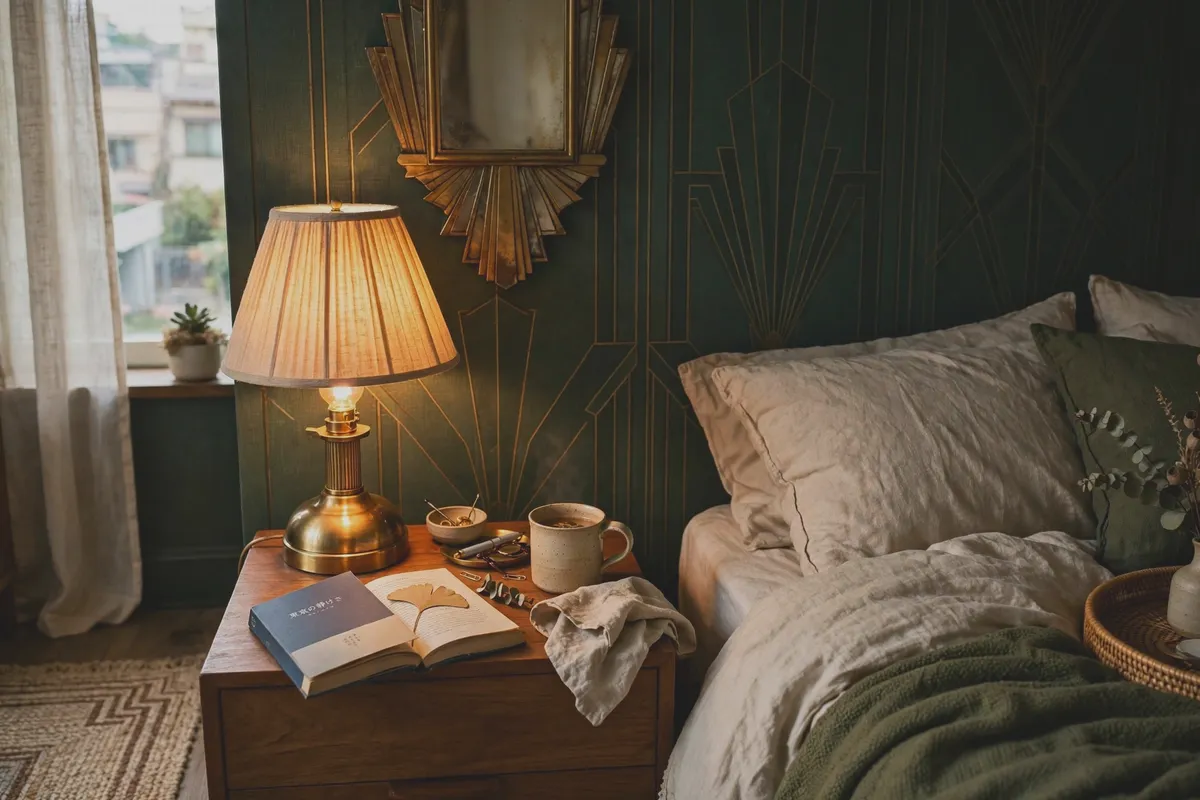 Brass table lamp glowing warm on a nightstand beside the bed