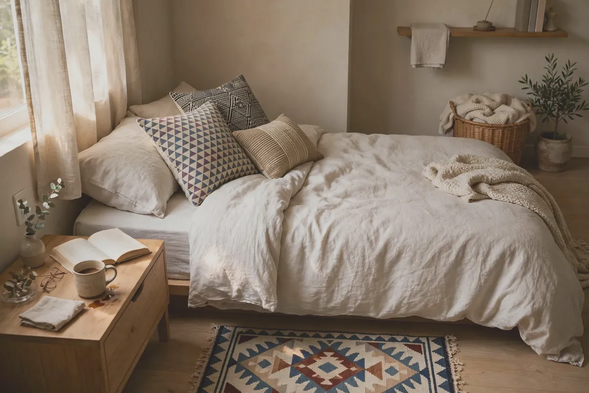 Geometric-patterned small rug beside the bed with decorative throw pillows