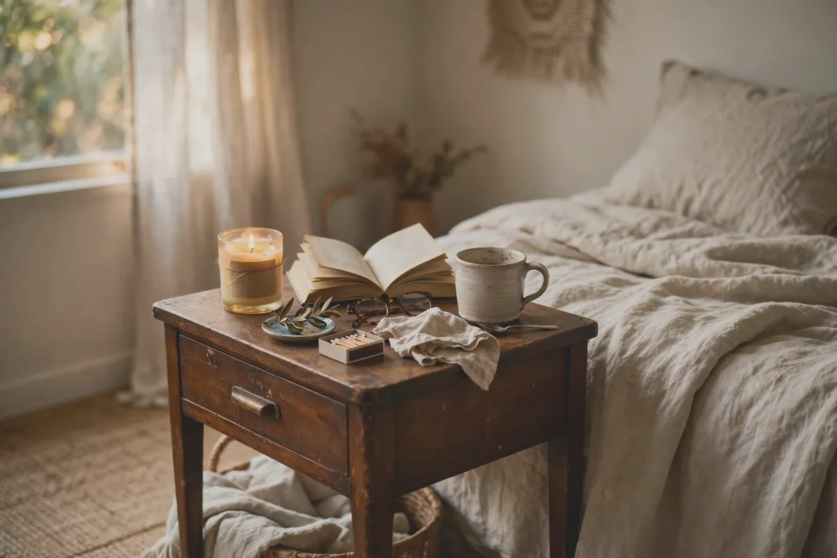 Vintage side table in a bedroom corner styled with a scented candle