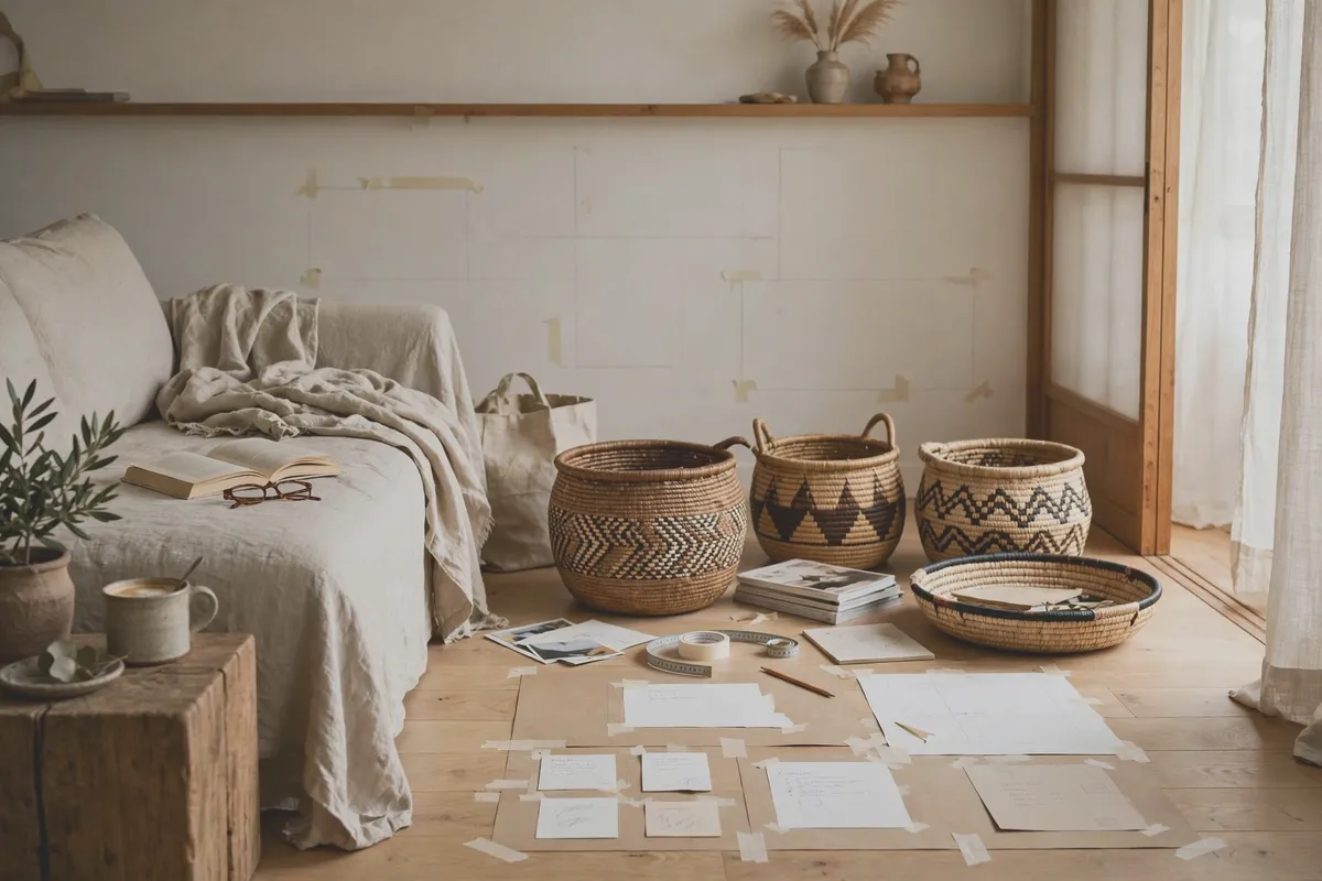Woven baskets arranged on a living room floor, planning a gallery wall layout
