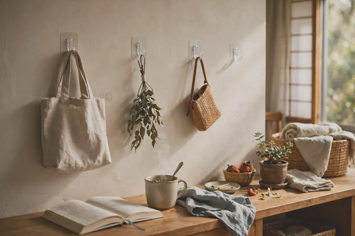 Removable adhesive hooks being pressed onto a wall for hanging decor