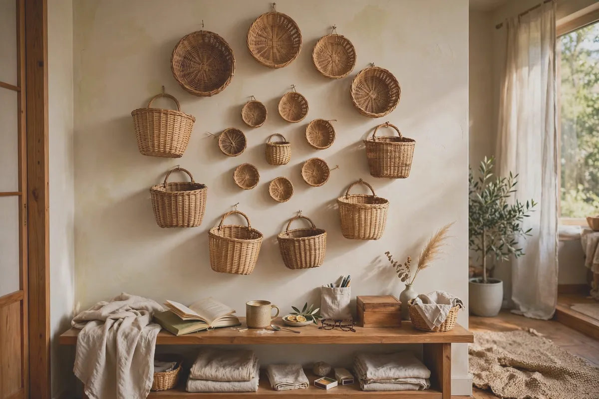 Woven baskets being hung on a wall spiraling out from the center