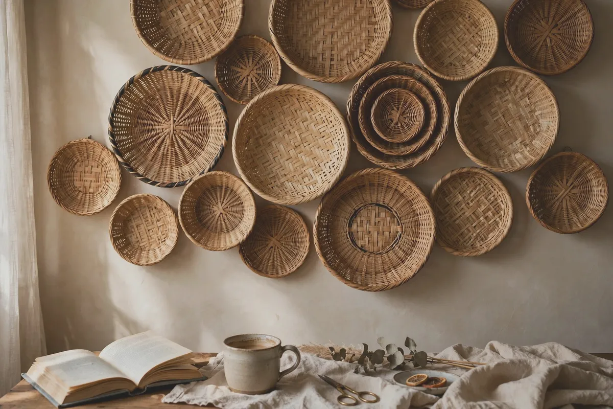 Close-up of a finished woven basket gallery wall with layered sizes