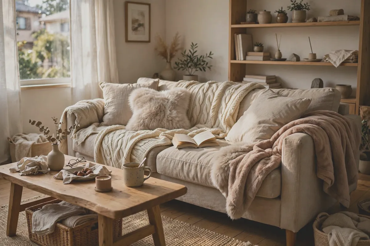 Sofa layered with plush and knit throw blankets in warm tones