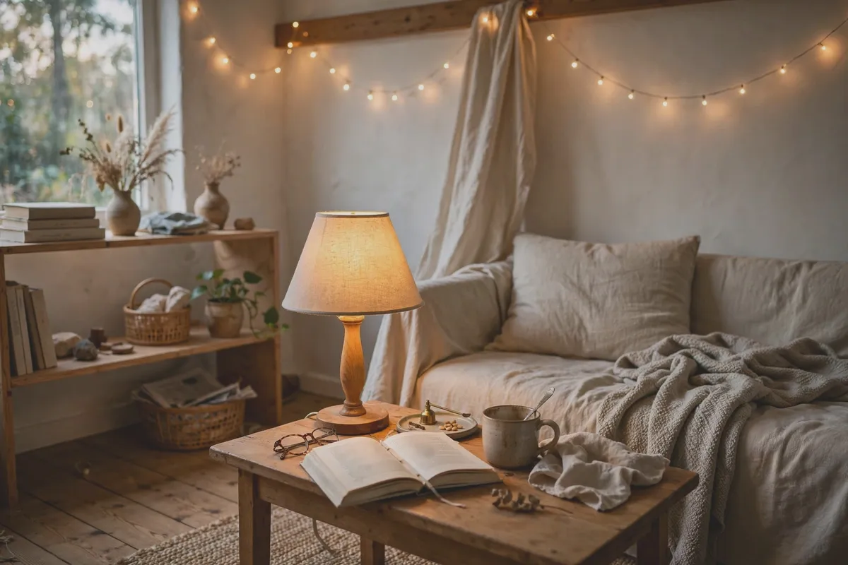 Warm string lights and a glowing table lamp in a cozy living room