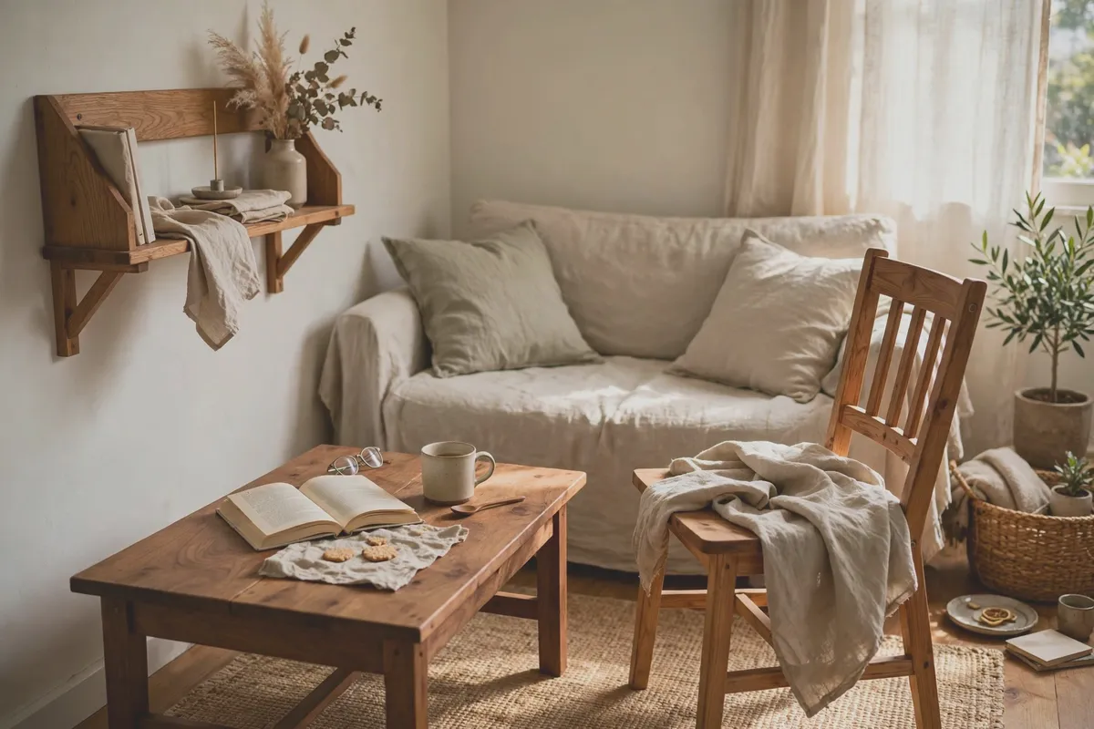 Cozy living room with wooden tones repeated in frames, tray and stool