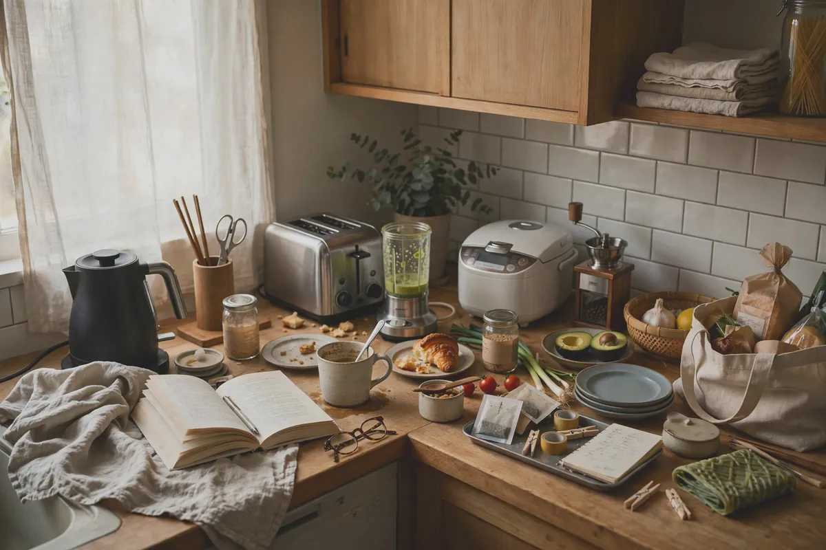 Cluttered kitchen countertop crowded with small appliances and miscellaneous items