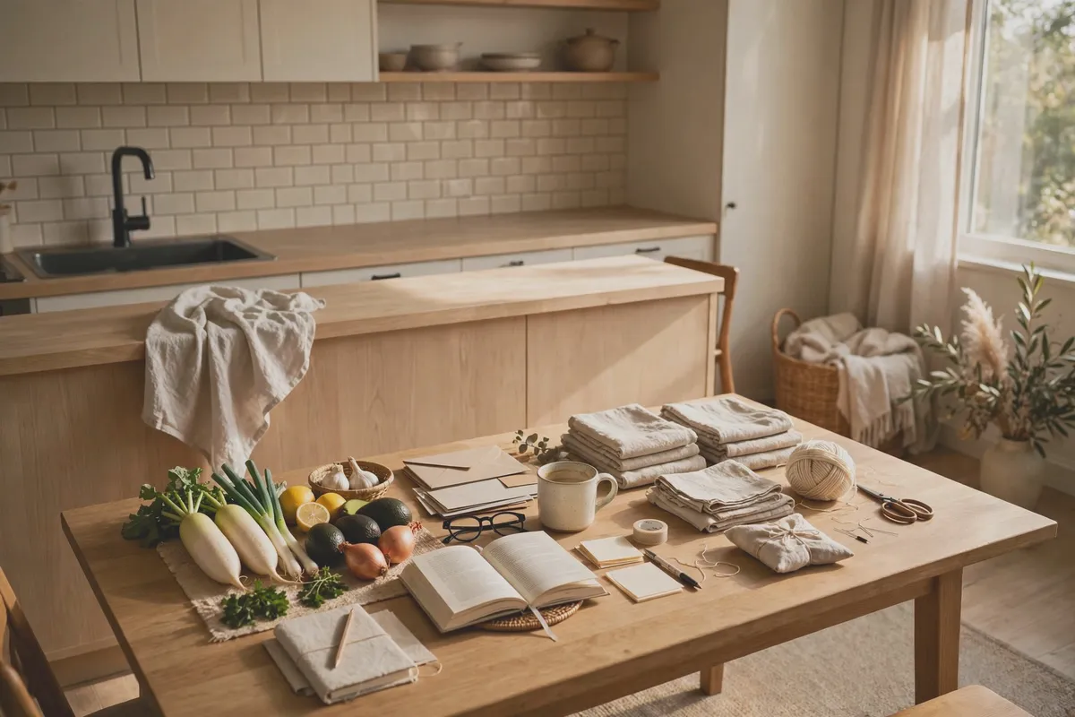Kitchen items cleared off the counter and sorted into categorized piles
