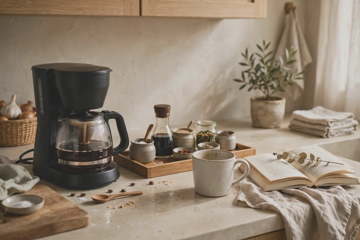 Daily-use zone on a kitchen counter: coffee maker with neatly arranged seasonings