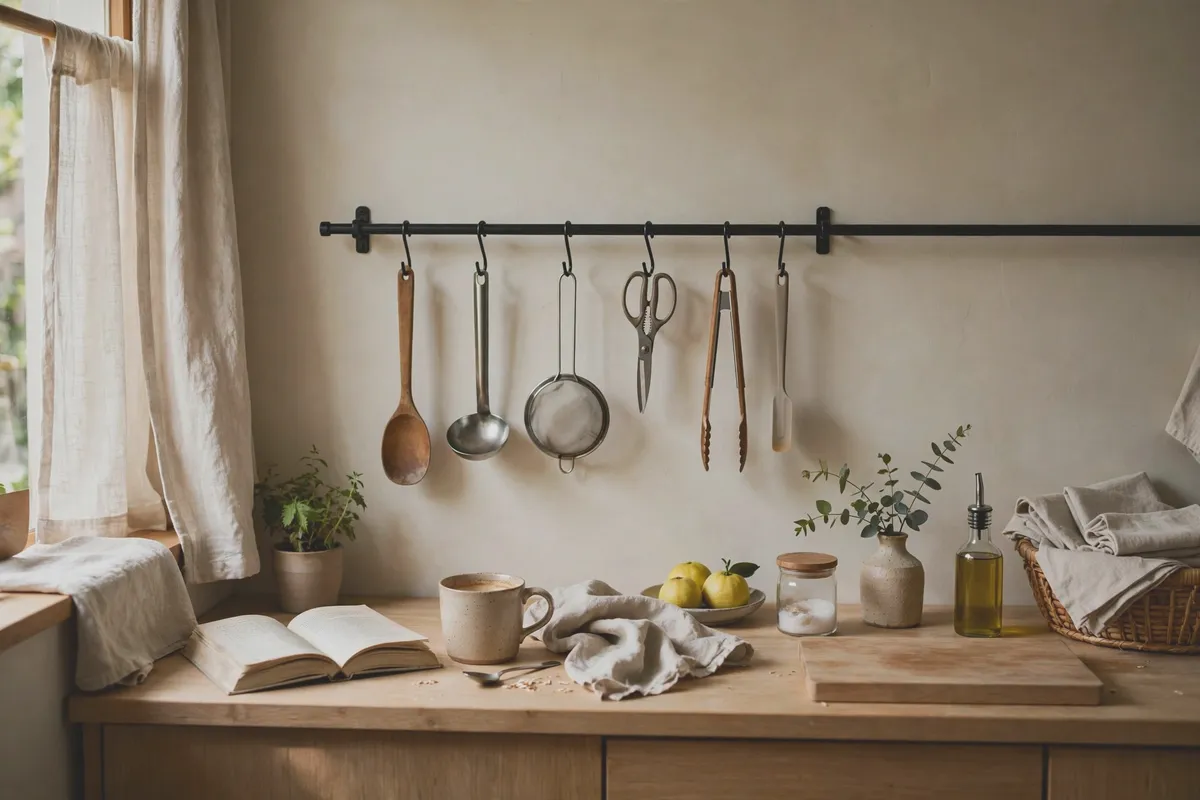 Wall-mounted rail above a kitchen counter holding cooking utensils