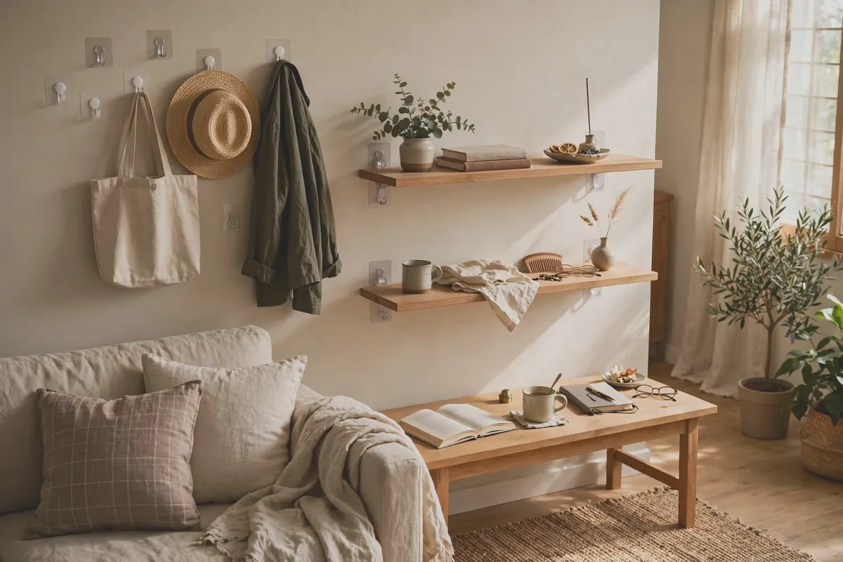 Living room wall with removable hooks and a floating shelf, no drill holes