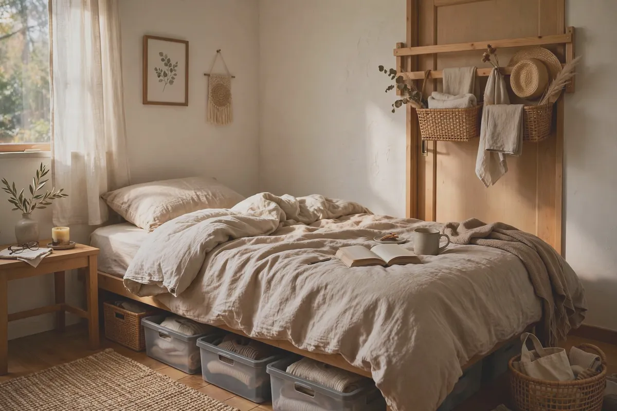 Bedroom with under-bed storage boxes and an over-door rack on the door
