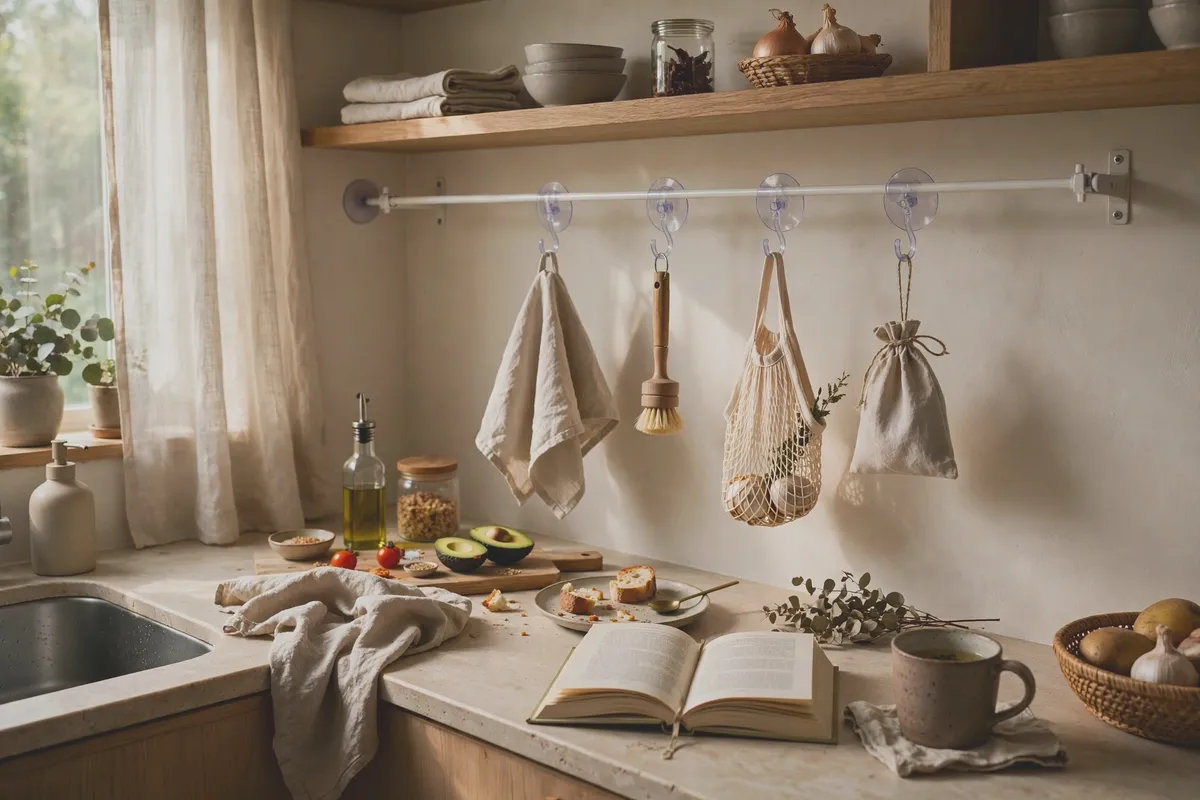 Kitchen with a tension rod under the cabinet and suction-cup hooks on tile
