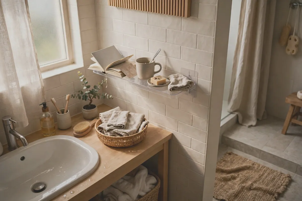 Bathroom corner with an adhesive-mounted shelf holding toiletries