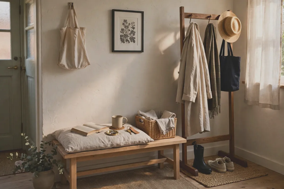 Entryway with a freestanding coat rack holding jackets and bags