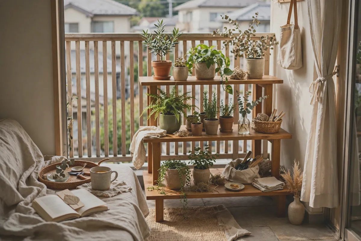 Balcony with tiered shelves holding potted plants in the sunlight