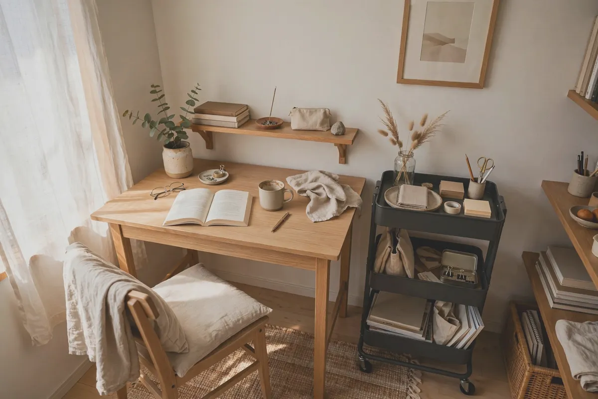 Study corner with a rolling cart holding books and office supplies