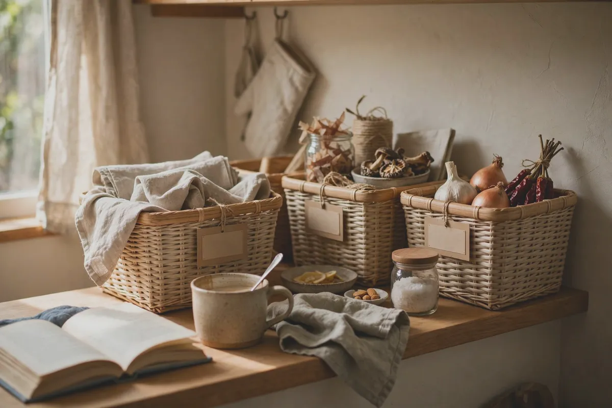 Eye-level pantry baskets holding everyday items, easy to grab