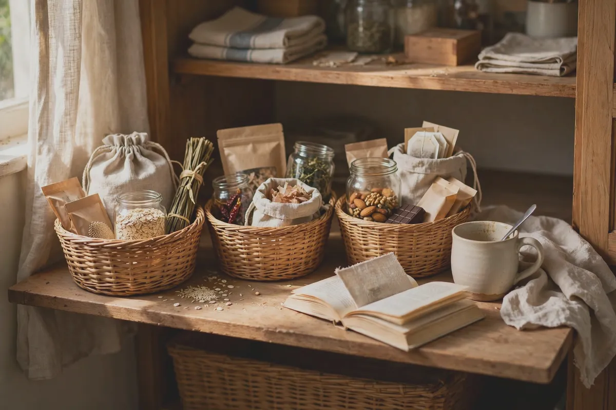 Lower pantry shelf with baskets for weekly grocery restocking