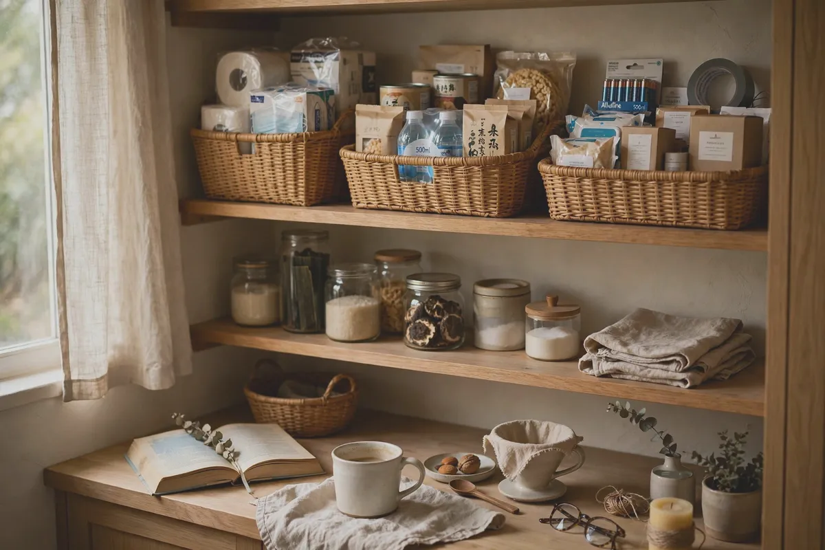 Top pantry shelf with baskets holding bulk backup supplies