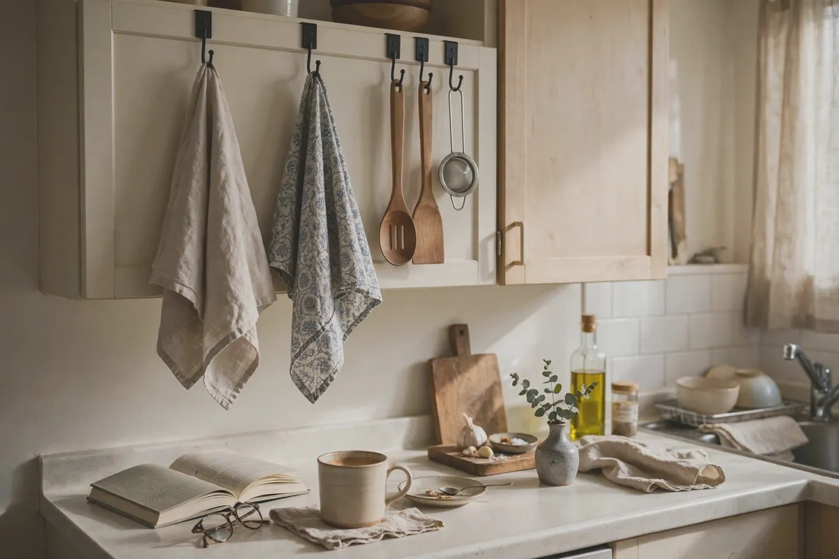 Over-cabinet-door hooks holding towels and cooking utensils