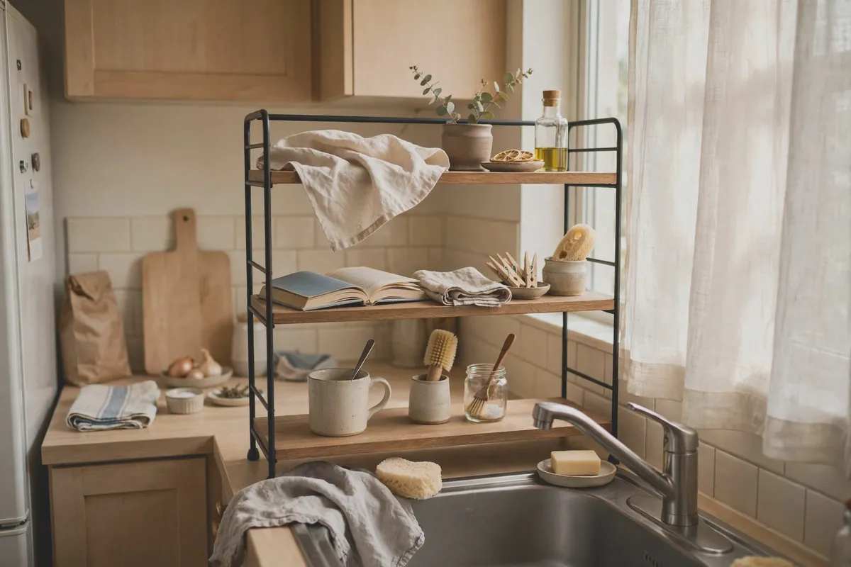 Freestanding over-sink shelf holding dishes and cups above the sink