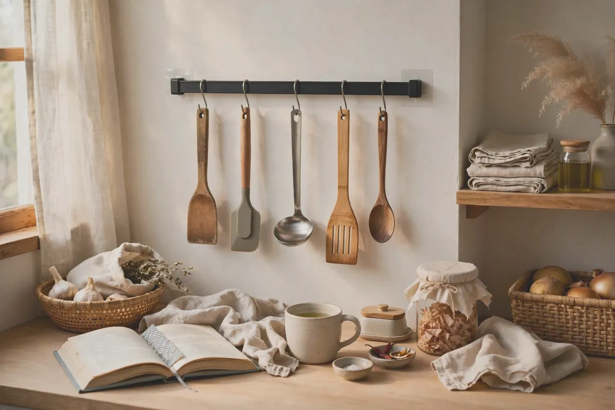 Adhesive-strip rail on a kitchen wall holding spatulas and ladles