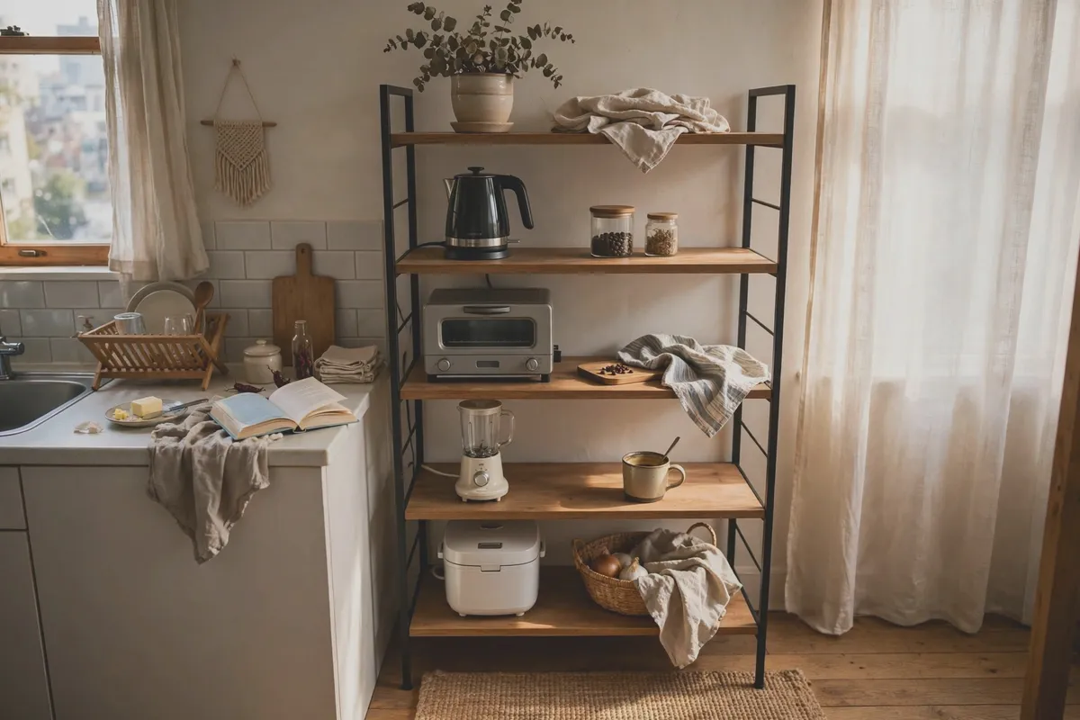 Freestanding shelf unit in a kitchen holding small appliances