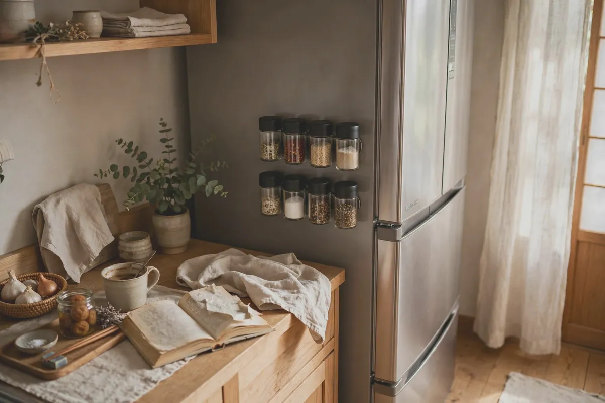 Small magnetic spice jars attached to the side of a refrigerator