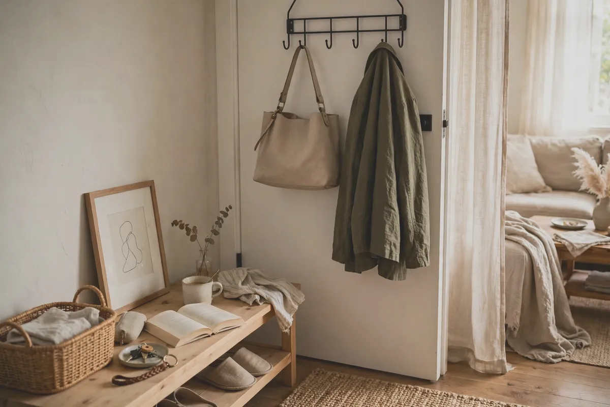 Over-door rack in a rental entryway holding a handbag and a jacket