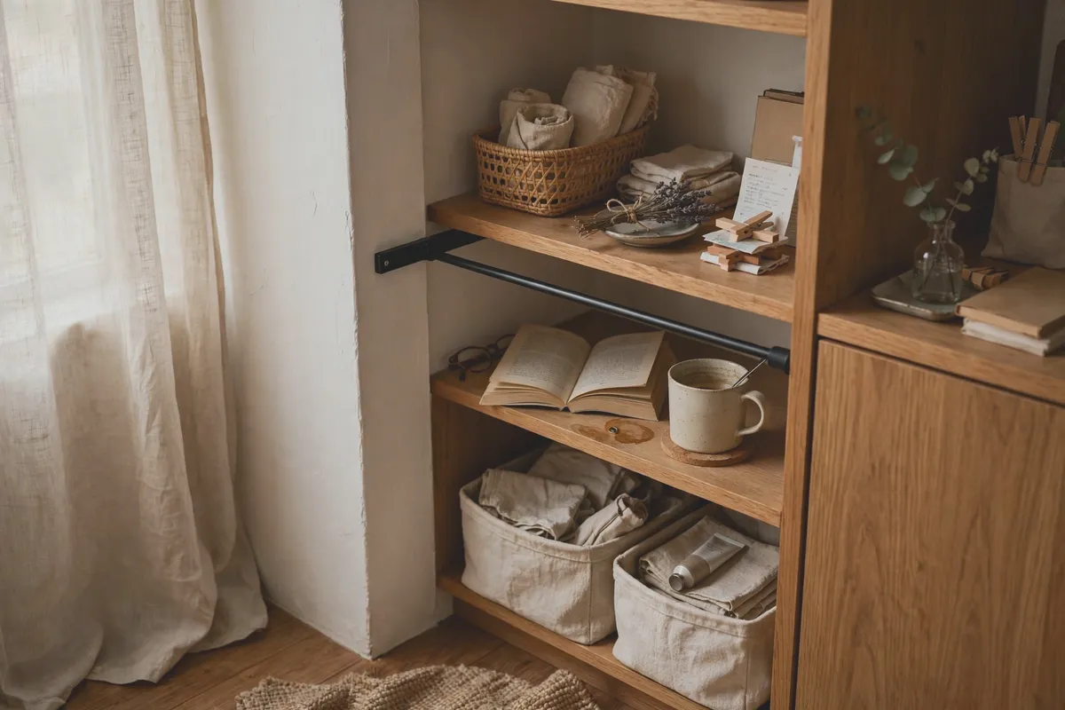 Tension rod wedged into a narrow gap, creating an extra shelf layer