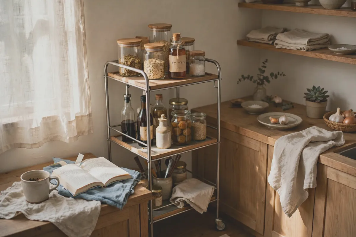 Slim rolling cart in a kitchen corner filled with bottles and jars