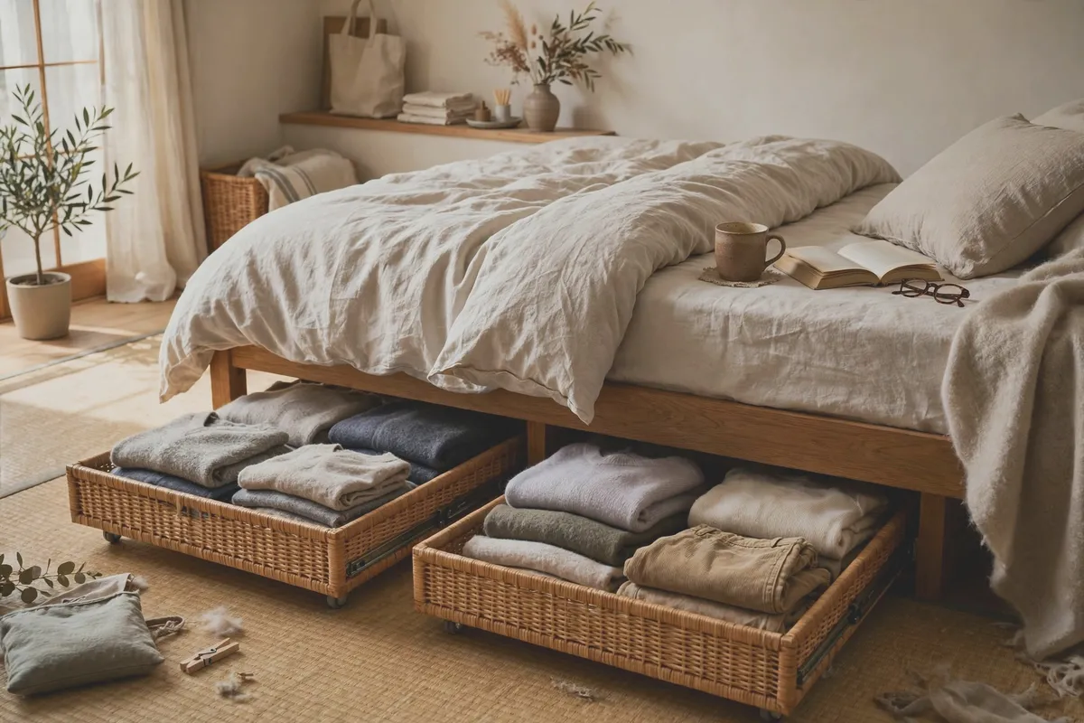 Under-bed storage bins half pulled out, filled with folded off-season clothes